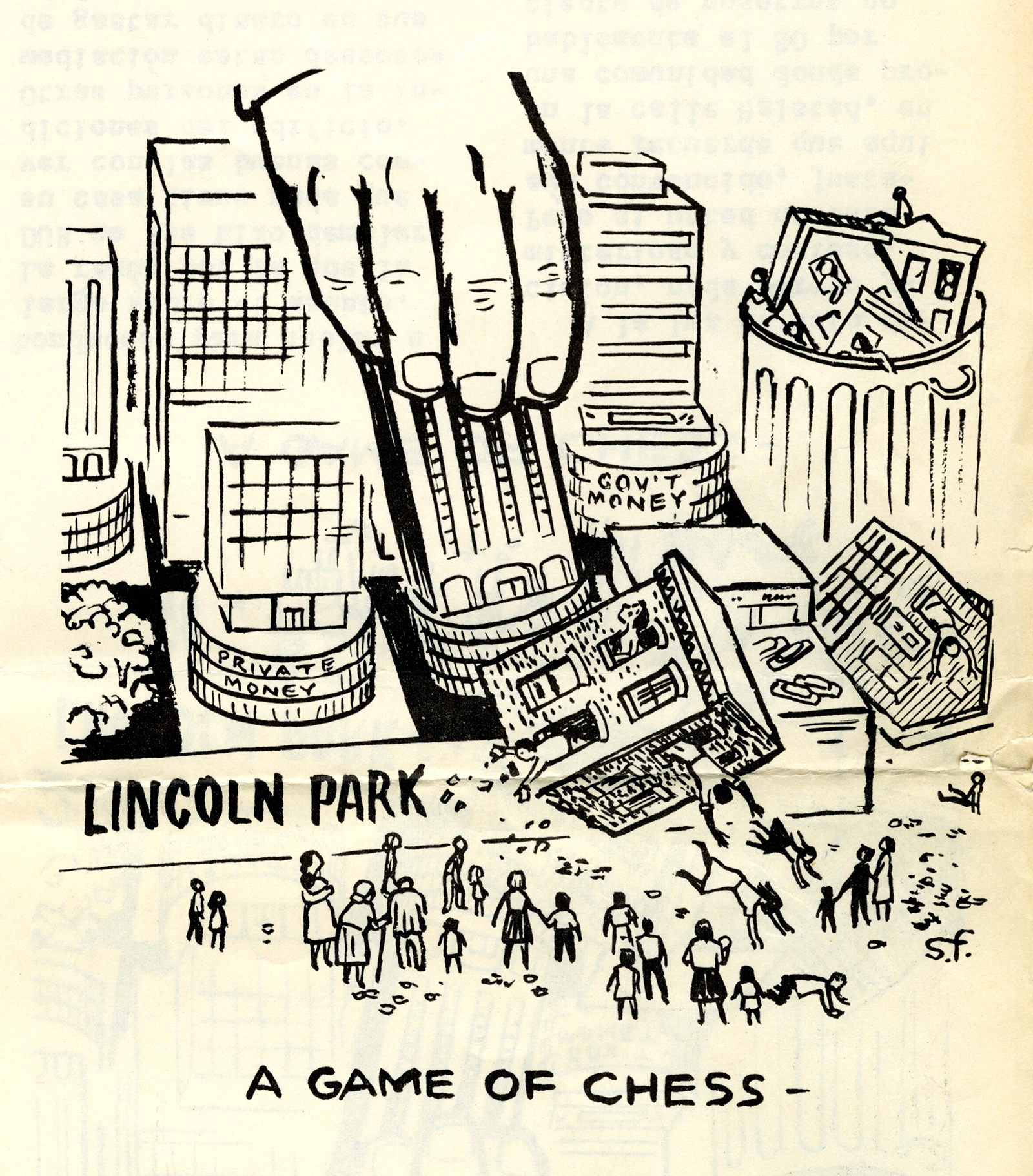 A drawing of a hand moving a building, captioned "Lincoln Park, A Game of Chess"